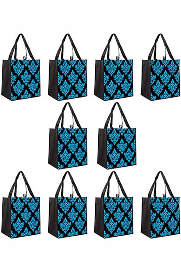 Set of 10 ReBagMe structured bags with turquoise pattern.