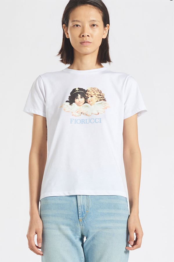 Model wearings Fiorucci t-shirt with angel design.