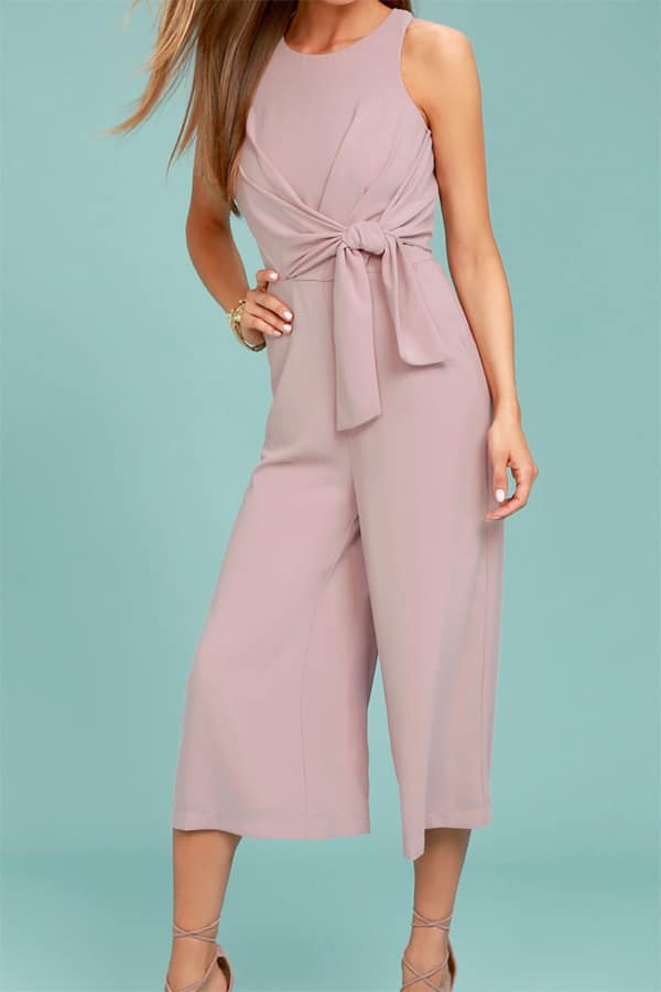 Product shot of model wearing formal jumpsuit from Lulu's.
