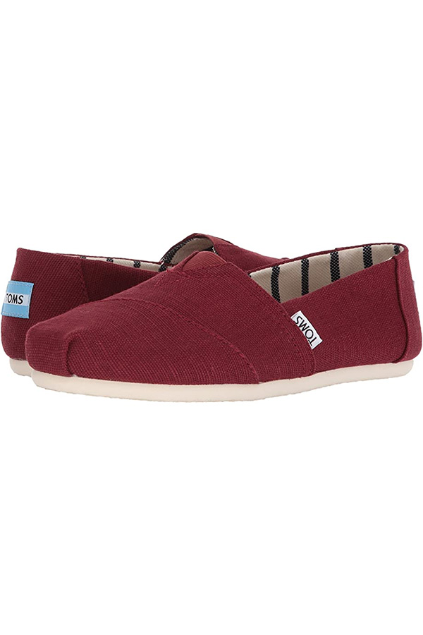 Product shot of maroon TOMS shoes, the classic spring flat.