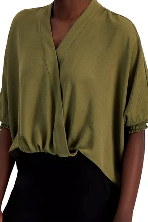 Olive green faux wrap blouse from Macy's.