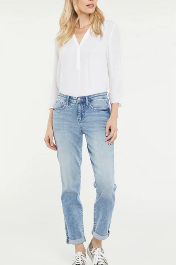Best jeans for petites: 7 brands to shop now 2 Model wearing NYDJ girlfriend petite jeans.