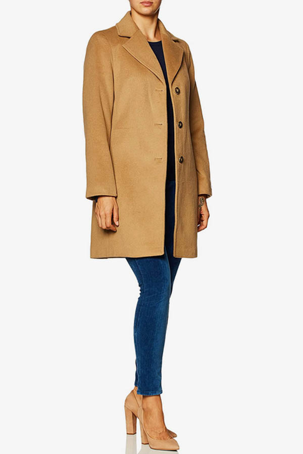 Product shot of Calvin Klein camel coat with mid-thigh length.