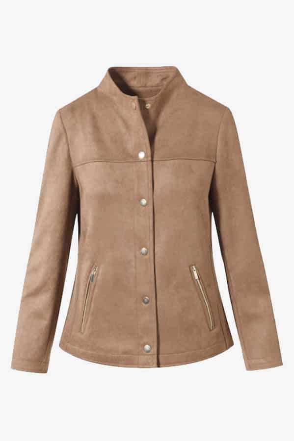 Product shot of faux suede jacket on sale at Chico's Off The Rack.