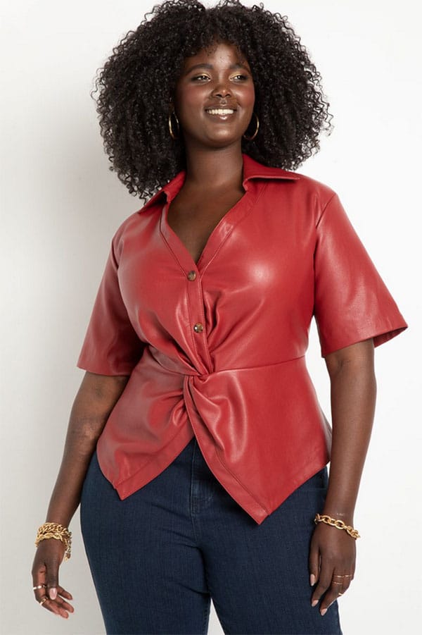 Model wears plus size red leather top.