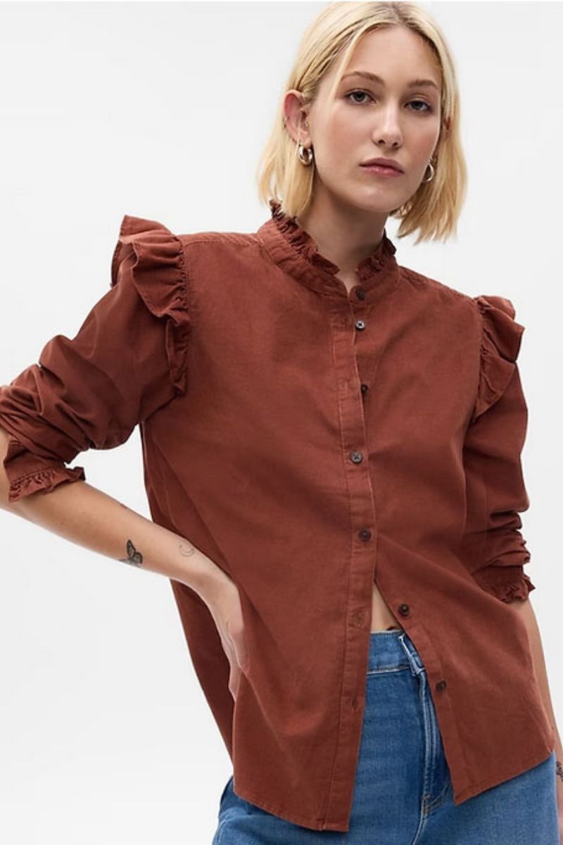 Fall Clothing Checklist: 9 Trendy Pieces You Need 9 Model wears brown corduroy top with ruffle sleeves by Gap.