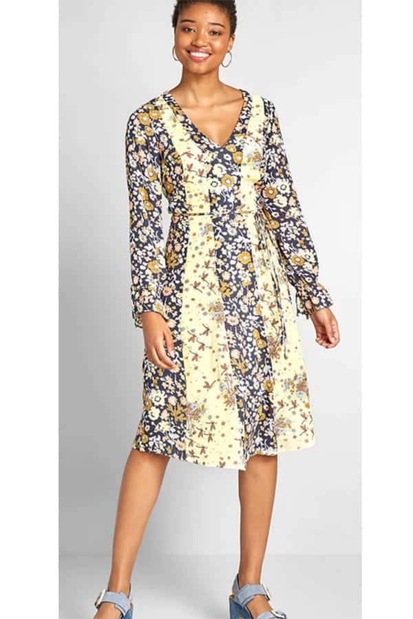 Model wears floral midi dress from Modcloth.
