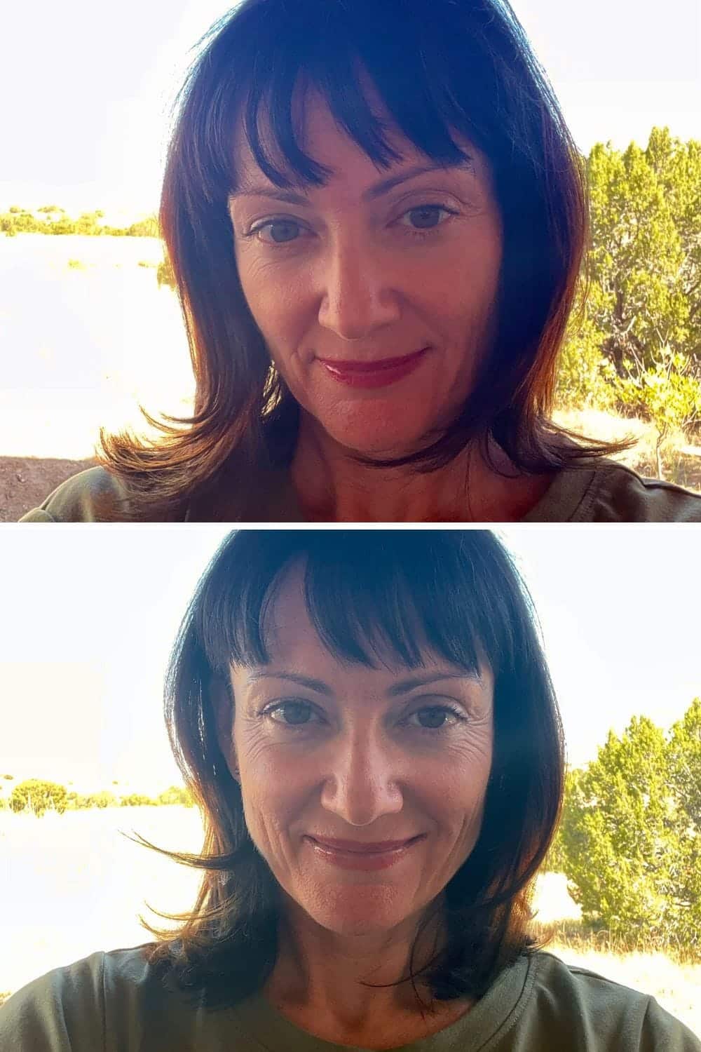 Two photos of Catherine Brock wearing trendy lip color, before and after eating.