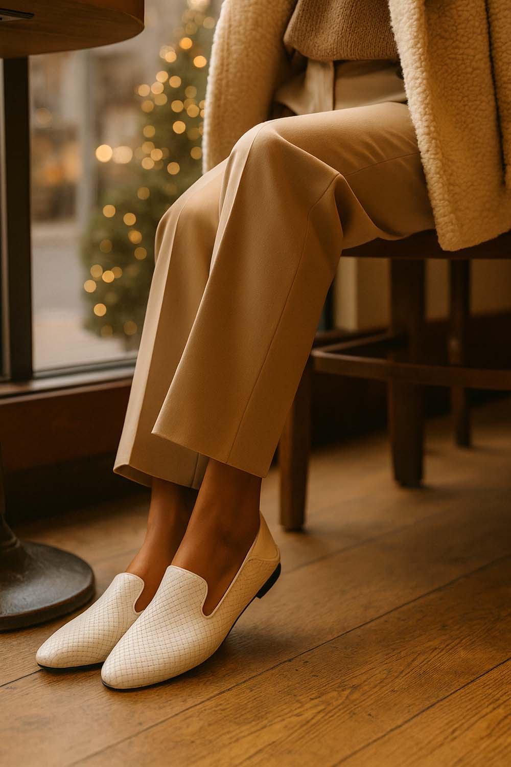 Close-up of woman's legs wearing designer slippers 