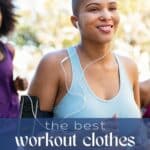 Three women jogging outside with text overlay that reads, the best workout clothes on Amazon.