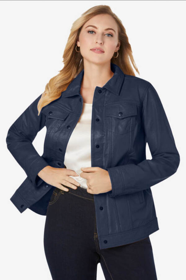 Model wears denim style leather jacket from plus-size clothing store Catherine's.