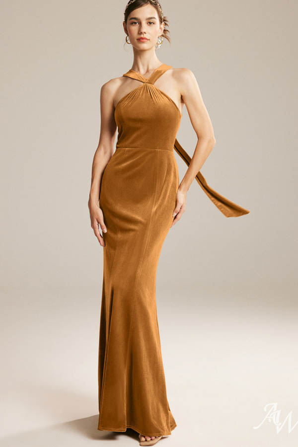Model wears velvet, floor-length party dress.