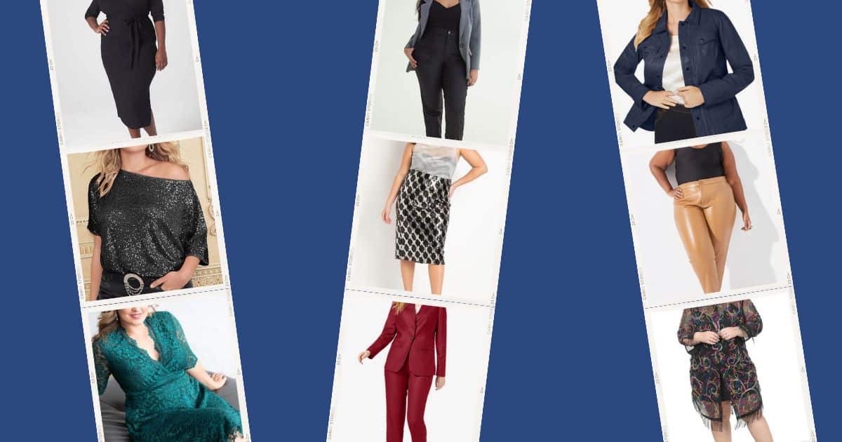 Collage of women wearing clothes from plus-size clothing stores.