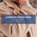 Woman wearing brown jacket and brown sweater with text overlay that reads Winter Outfit Ideas for women over 40.