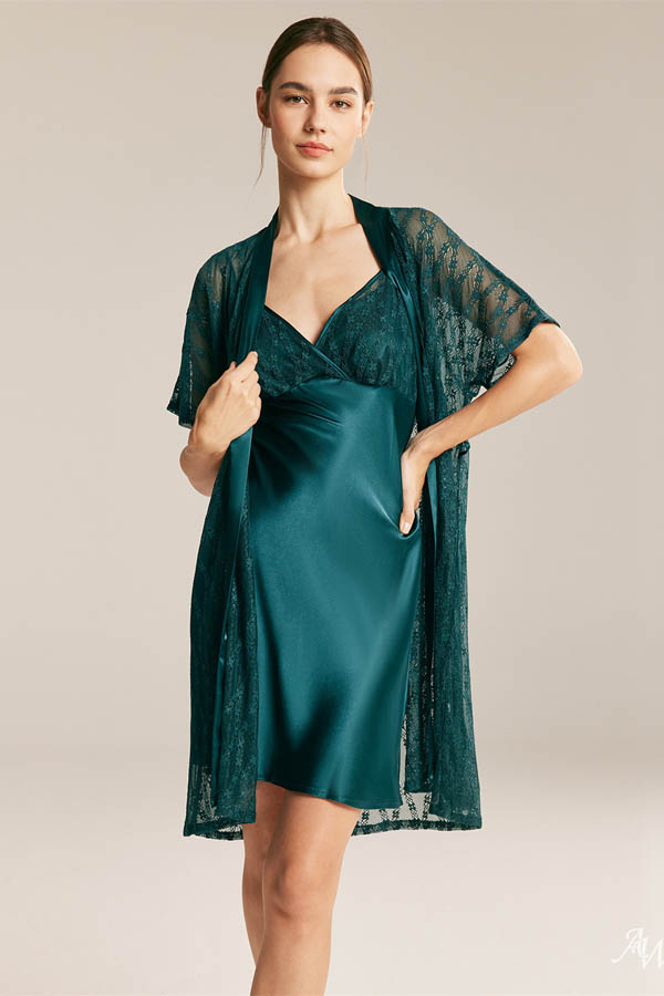 Model wears green chemise and matching robe.