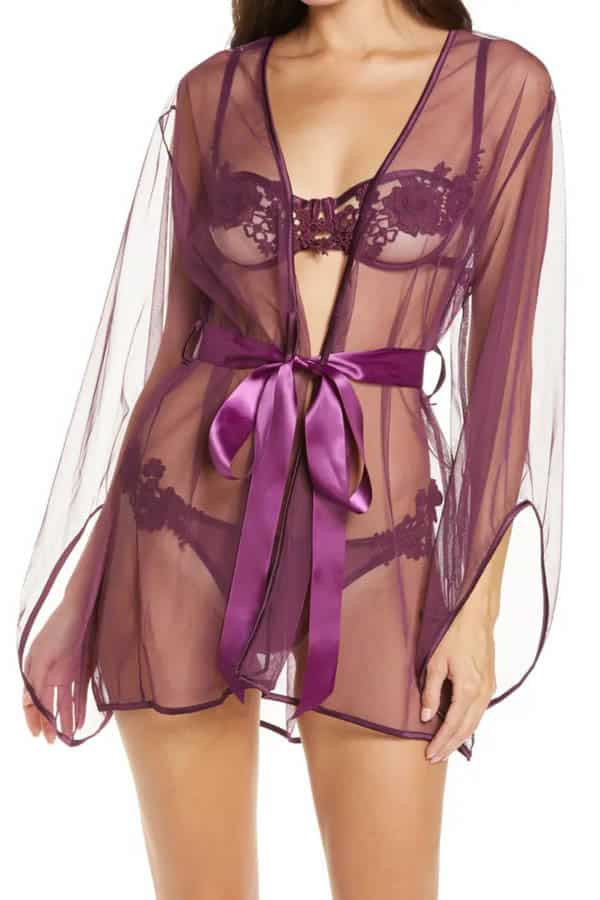 Close up of model wear sheer plum colored robe.