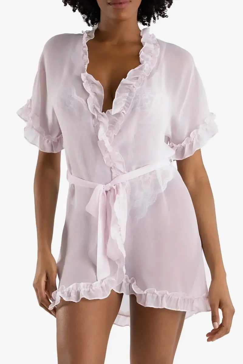 Model wearing soft pink robe.