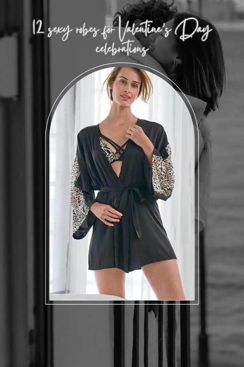 Model wearing sexy robe with animal print detail.