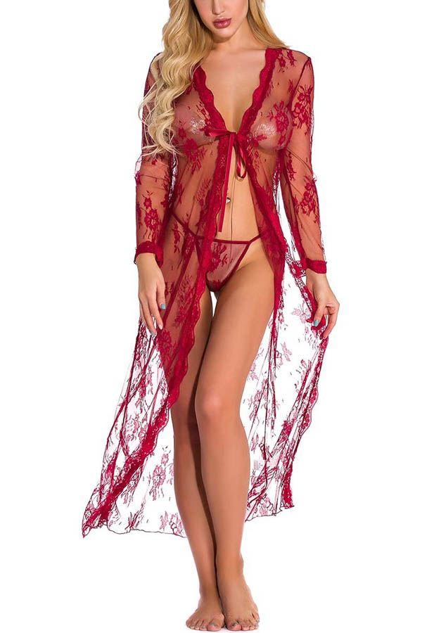 Model wears long, sheer, lace red robe.