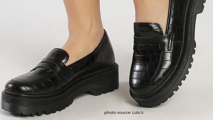 Close up view of chunky loafers from Lulu's.