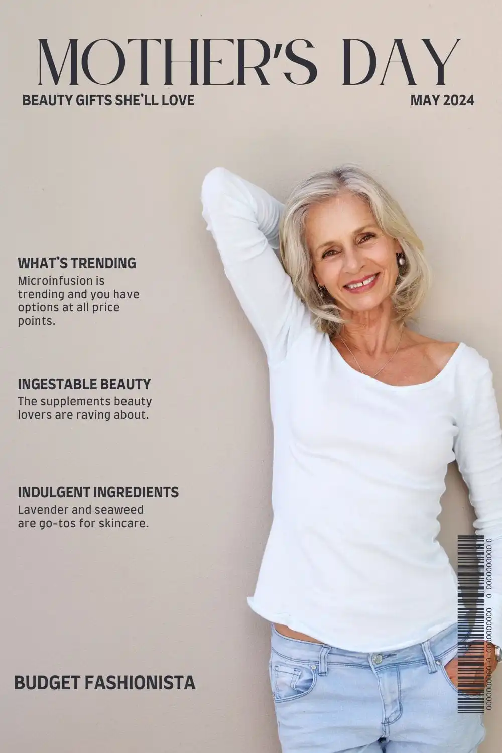 Older woman wearing white long-sleeved t-shirt smiles in front of beige background.