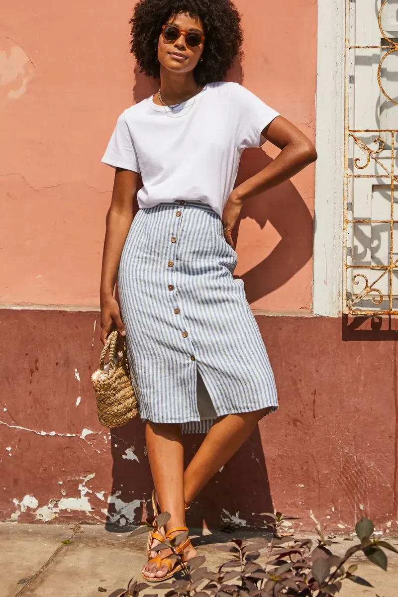 Striped, button-down midi skirt.