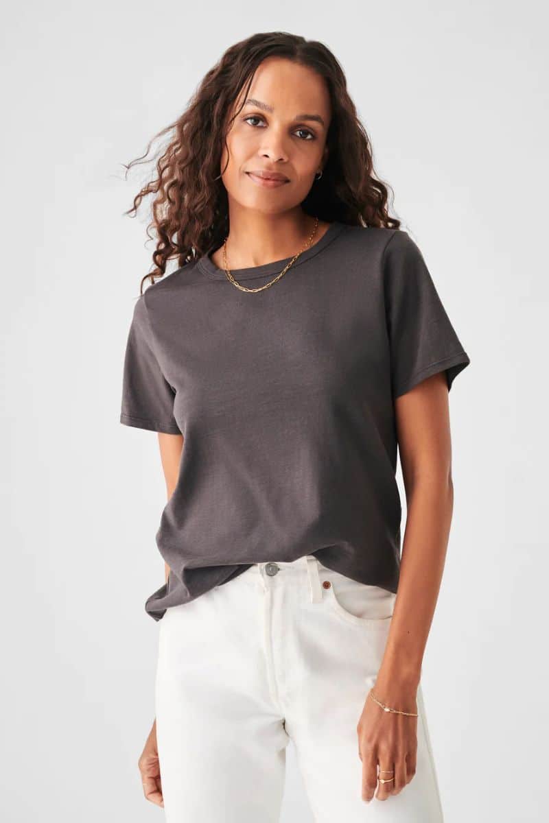 Model wearing black, relaxed fit t-shirt.