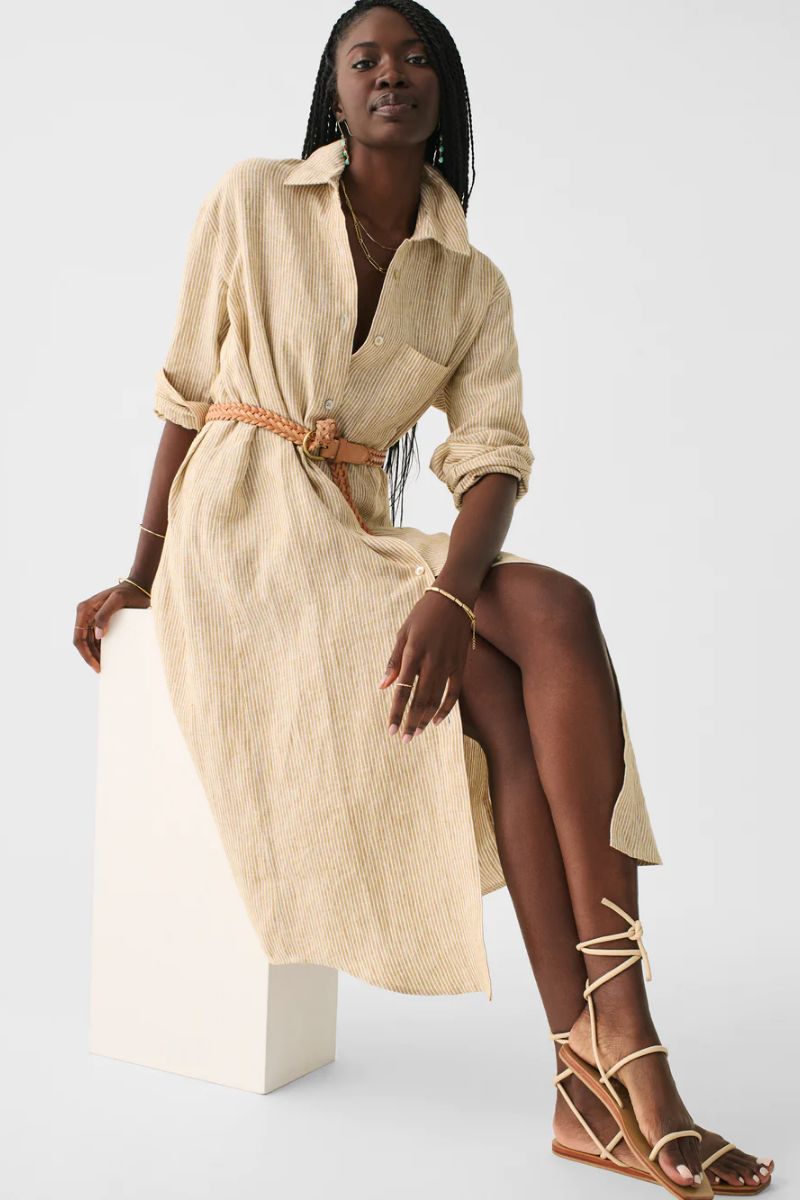Casual fashion over 50 collection includes this beige linen shirt dress.