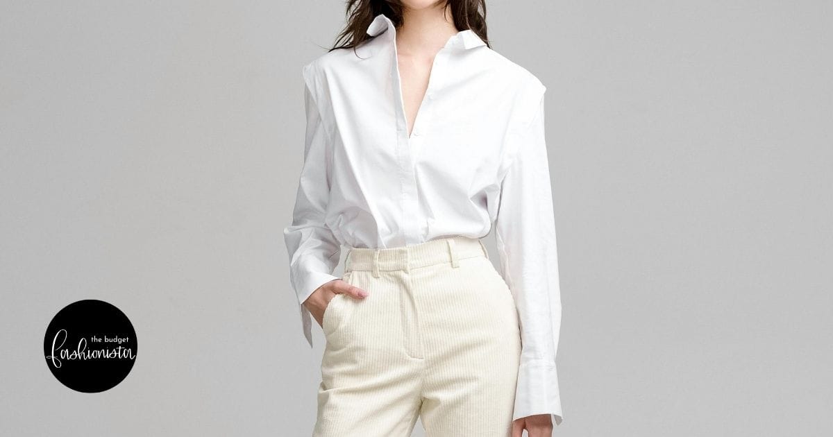 Model wearing cream outfit
