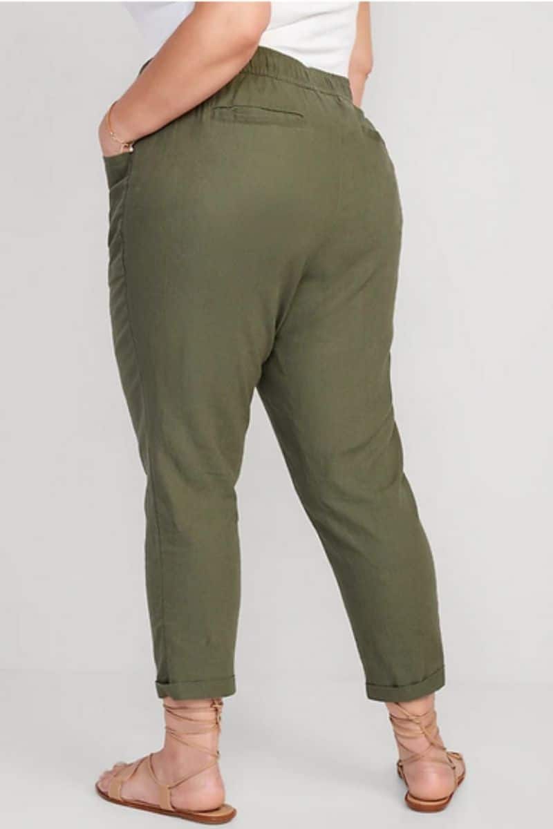 Back view of legs wearing green pants, part of the Old Navy summer clothes collection.