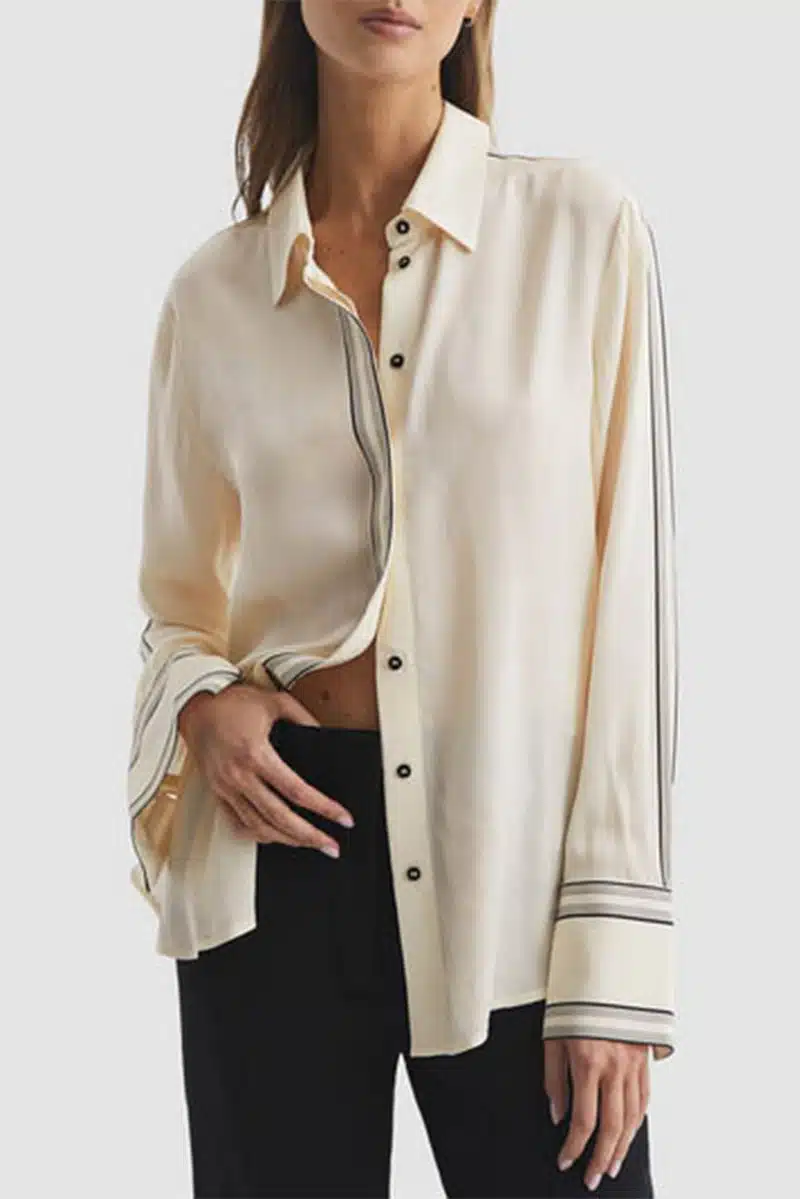 Cream colored blouse with stripe detail, on sale at the Fenwick designer sale.