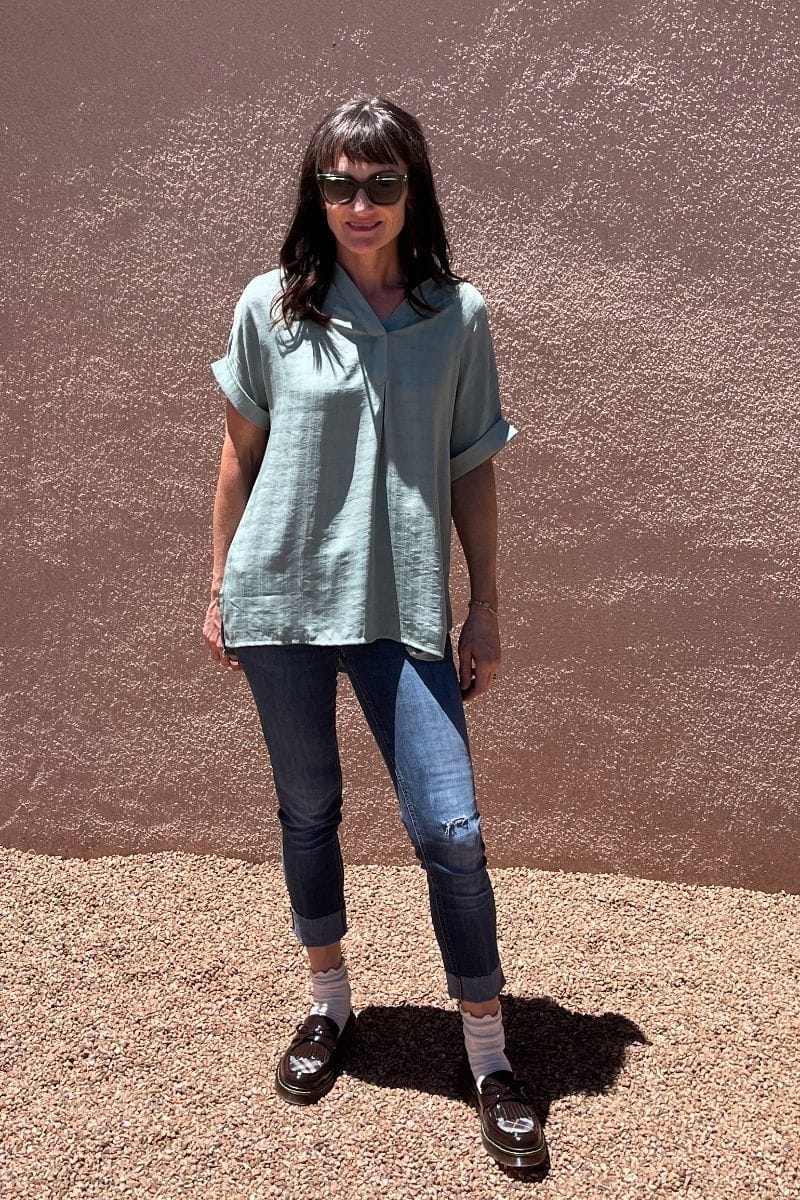 Catherine Brock styling chunky loafers with skinny crop pants and tunic. 