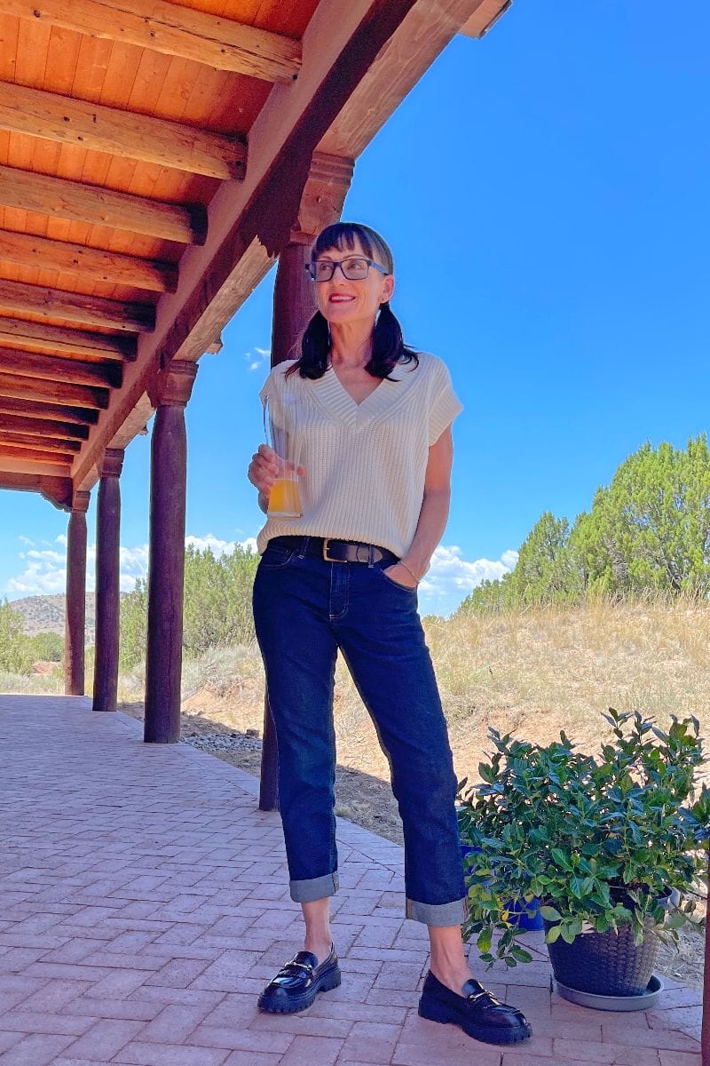 How to Wear Chunky Loafers from Newbella This Summer & Fall 8 Catherine Brock wearing boyfriend jeans, sweater vest, and chunky loafers.