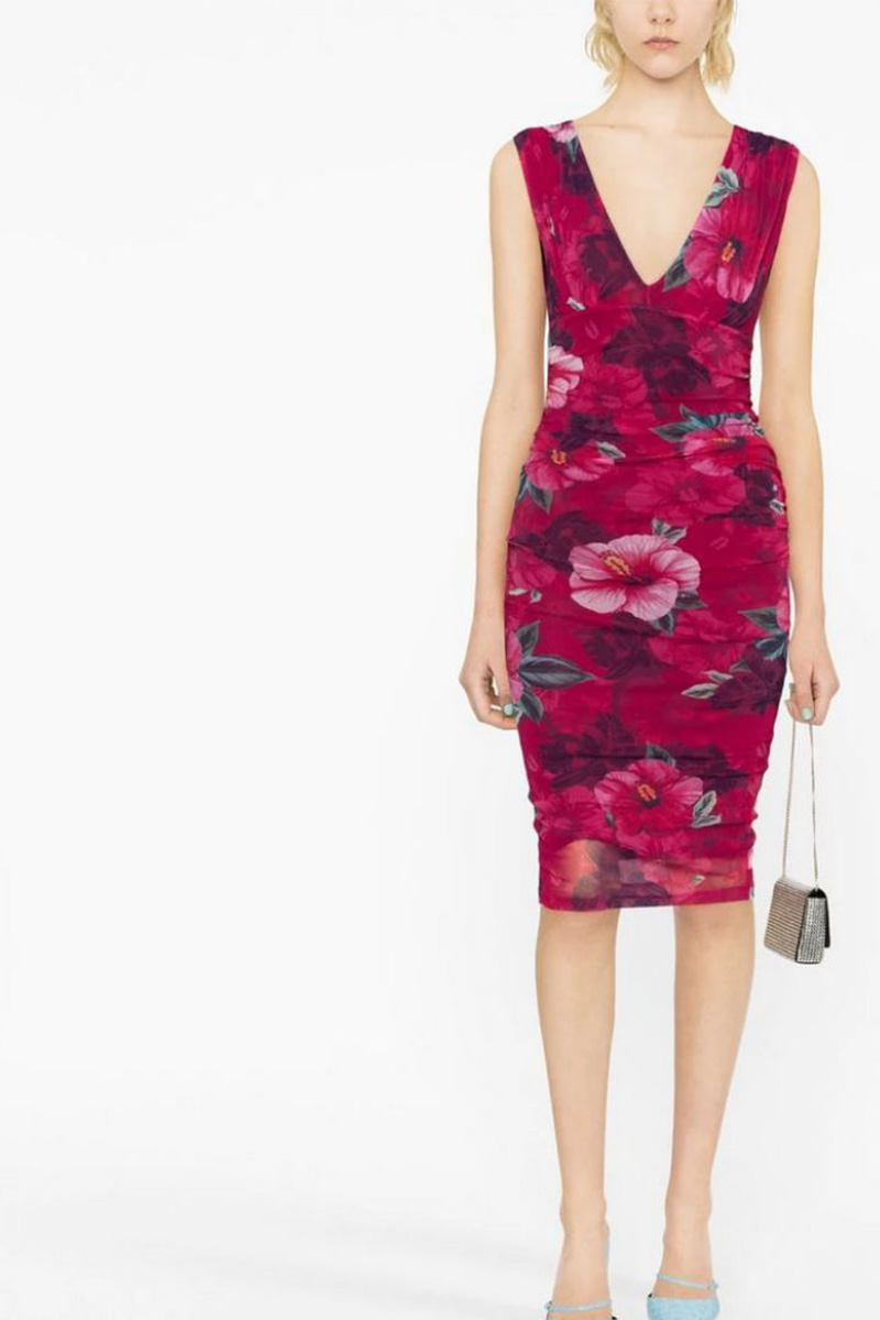 Red and pink floral print dress discounted at Farfetch sale.