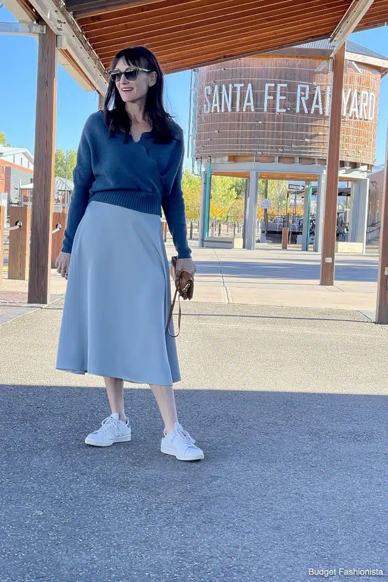Catherine Brock wearing Chicwish sweater and satin A-line skirt.