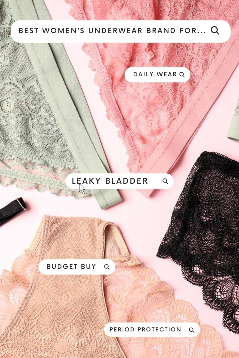 Best women's underwear brands text overlay with collage of panties. 