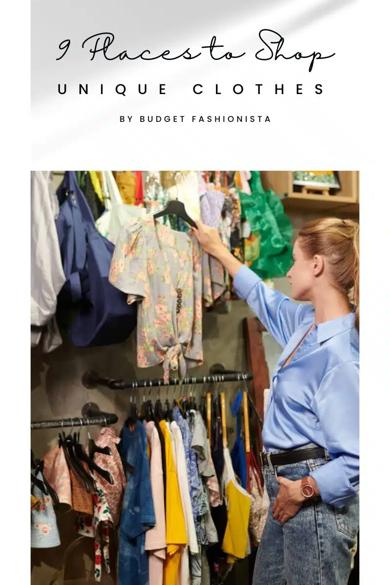 9 Places to Shop Unique Clothes for Women 1 9 places to shop unique clothes in text overlay with woman shopping.