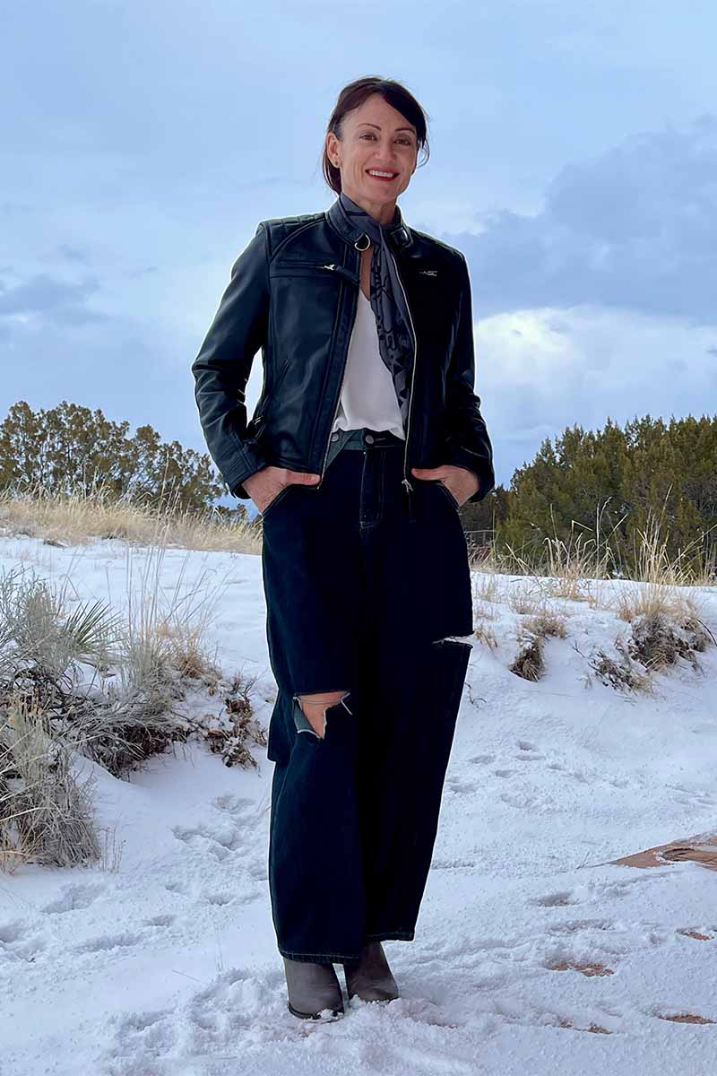 Leather Moto Jacket: Where to Get One for Less (Fanjackets Review) 1 Catherine Brock wearing leather moto jacket from FanJackets.