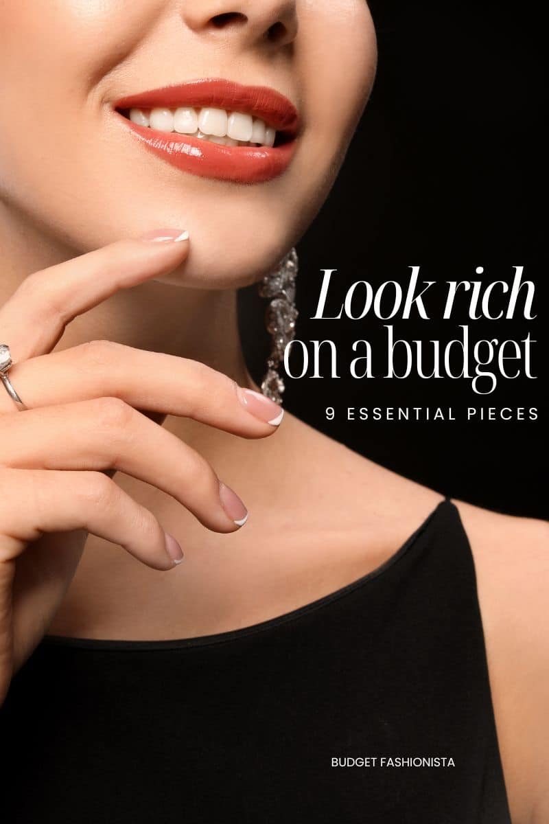 Look Rich on a Budget: 9 Pieces to Shop Now 1 Close view of neck and chin of woman wearing expensive jewelry with text overlay.