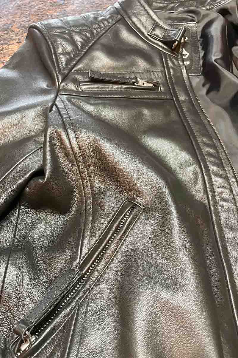 Leather Moto Jacket: Where to Get One for Less (Fanjackets Review) 3 Close up view of leather moto jacket.