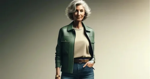 Older woman wearing stylish green jacket with jeans.