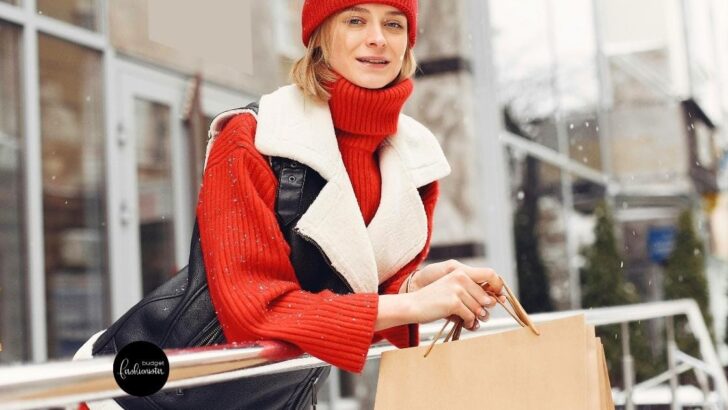 Woman wearing turtleneck sweater with vest and beanie.