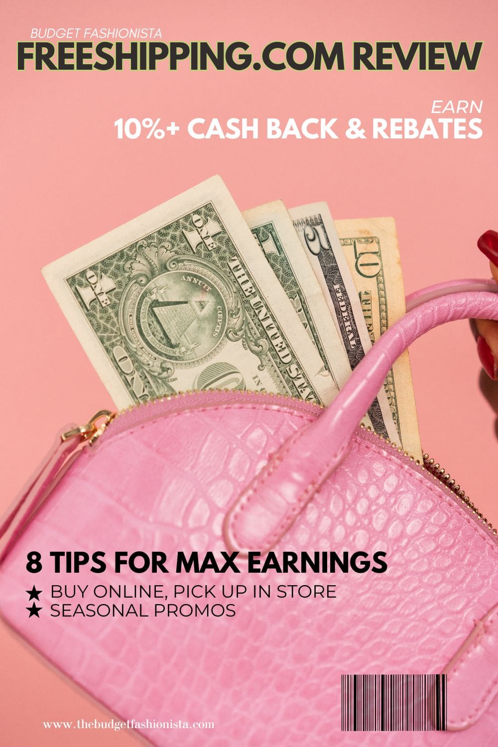 Pink purse with dollar bills and text overlay describing key points of Freeshipping.com review.