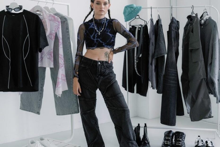 model wearing low-rise baggy jeans