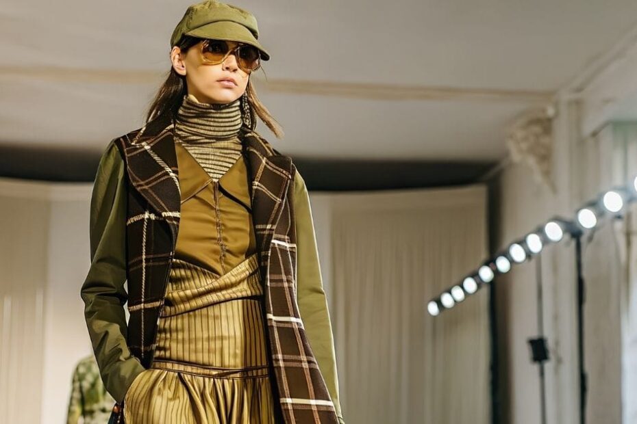 Woman wears on-trend winter fashion with brown layers and plaid