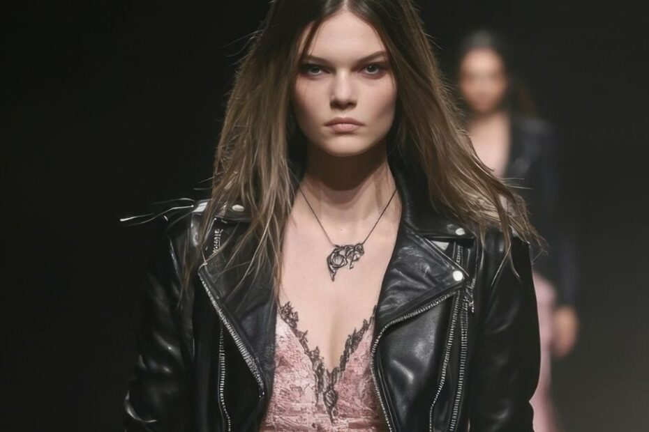 Model wears layered texture outfit with lace and leather