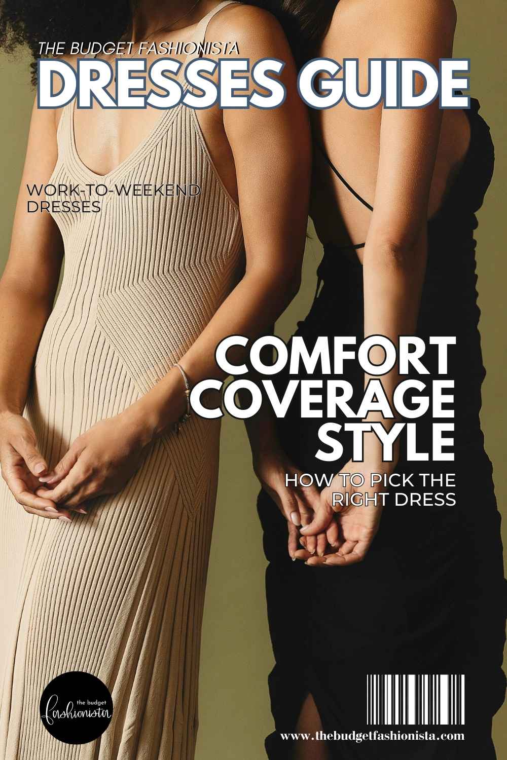 Two women standing side by side wearing neutral and black dresses