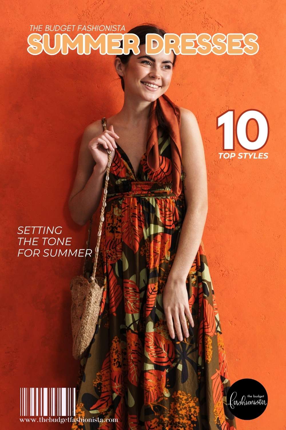 Woman in printed summer dress against orange wall