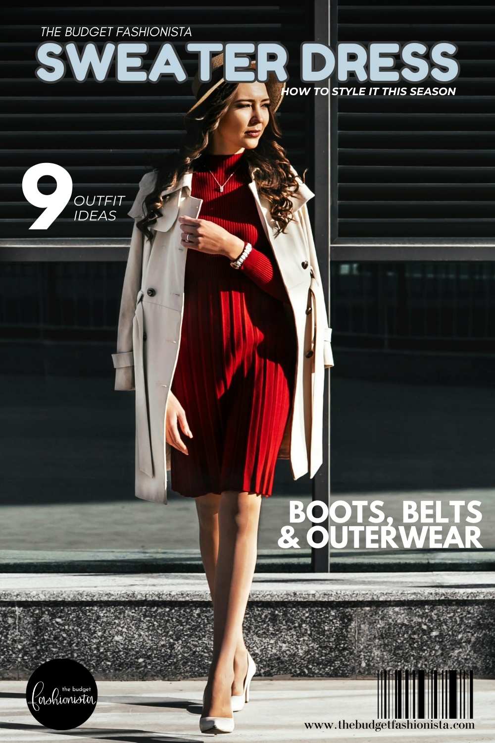 Woman in red sweater dress standing outdoors