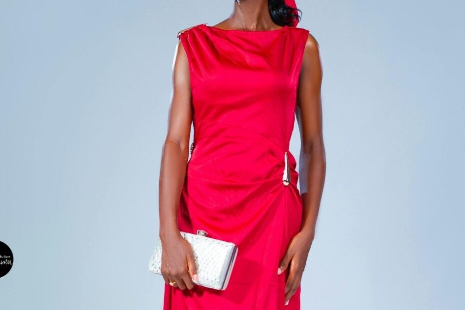 Red cocktail dress with silver clutch